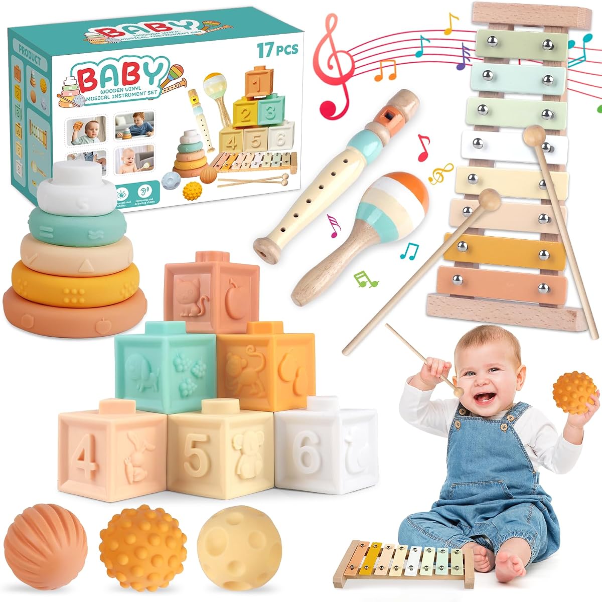 6-in-1 Montessori Baby Toy Set with Musical Instruments Toddler Baby Gift | Wooden xylophone with 2 sticks, maraca and clarinet; 6 soft blocks, 5 stacking rings, 3 sensory balls; music and sensory play