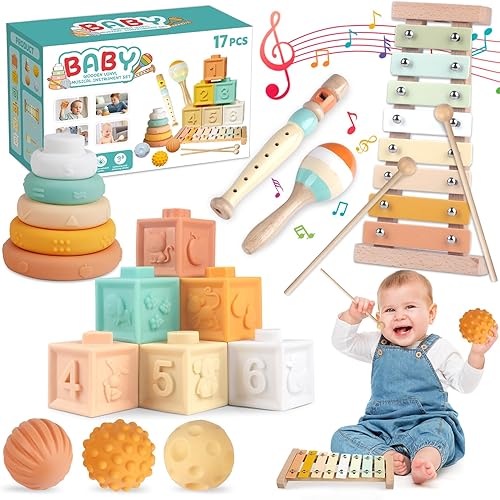 Juguetes Montessori para niños de 6 meses y 1 año 6 en 1, instrumentos musicales para niños pequeños, apilables, desarrollo de bloques, juguete
