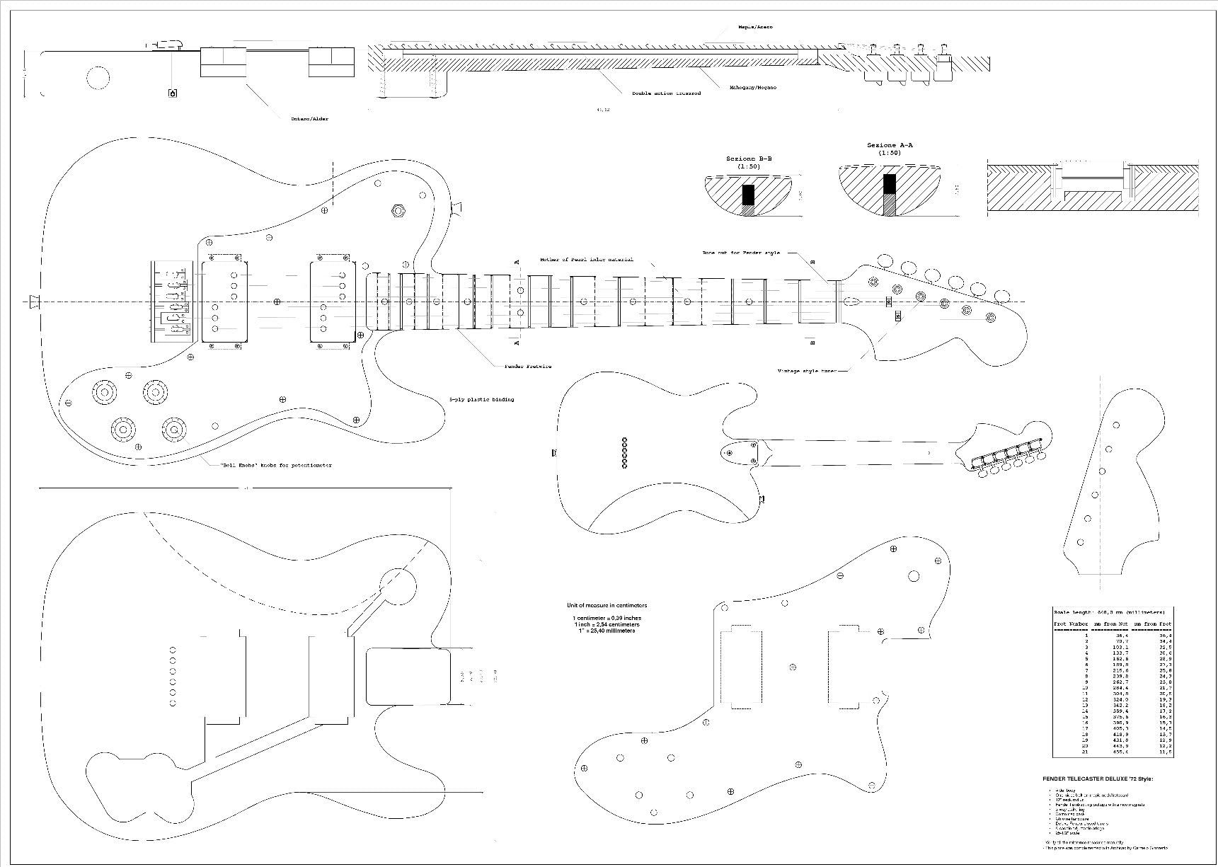 Full Scale guitar Plans Telecaster style 72 Deluxe Electric Guitar - Technical Design Drawings - actual size