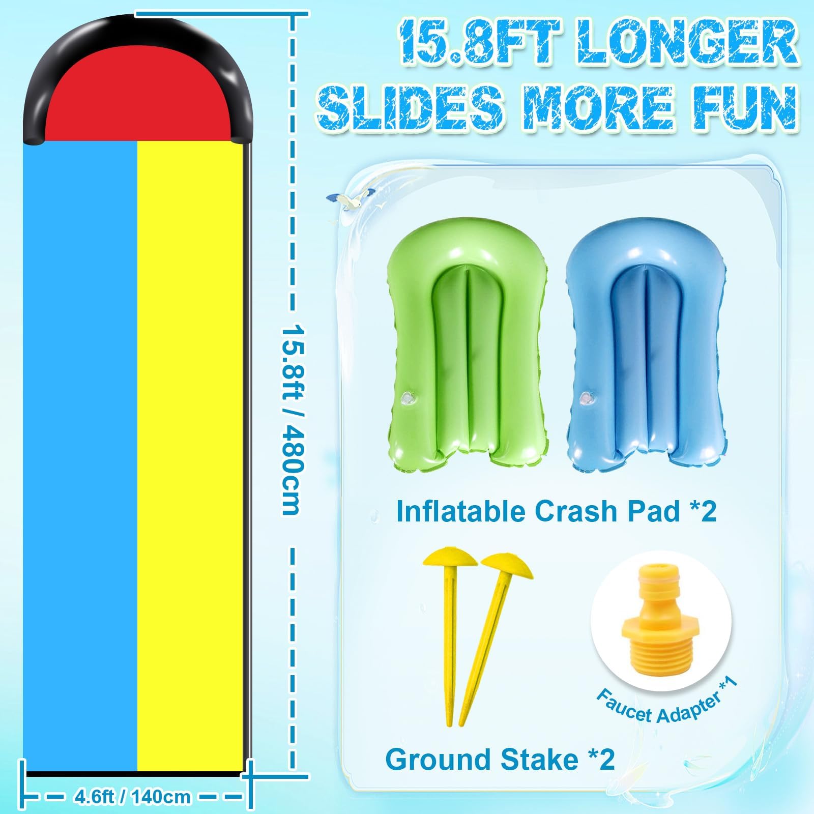 15.8 ft/480 cm Doppio Scivolo ad Acqua Doppio con 2 Bodyboards