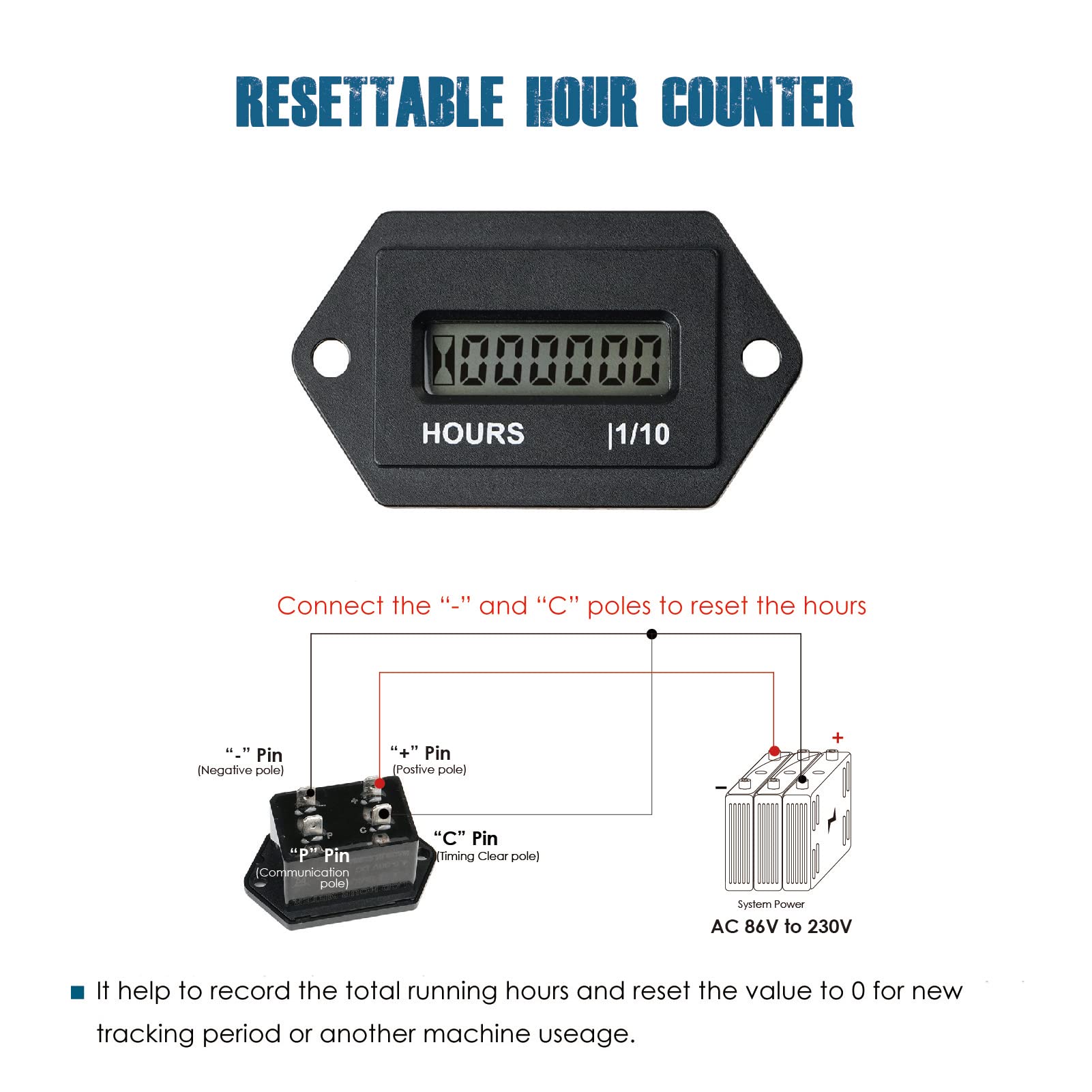 Runleader Contaore LCD digitale, AC da 86V a 230V, archiviazione dati funzionante, design impermeabile per compressore generatore del generatore del tosaerba a base di tosaerba a forma di foglia