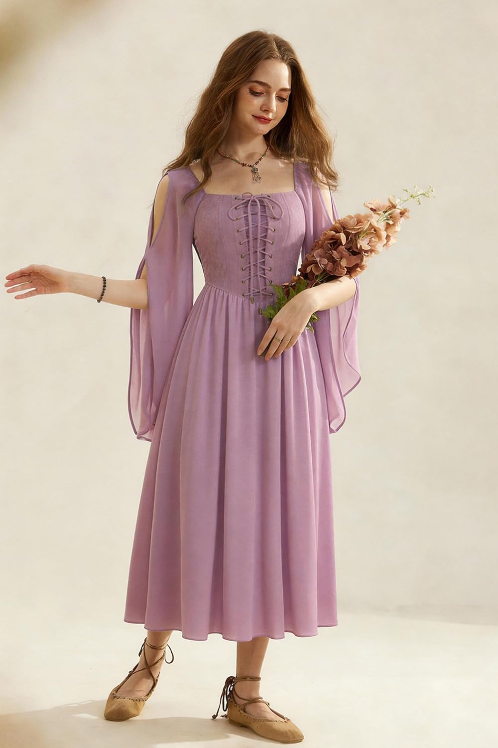 Scarlet Darkness Renaissance Costume Women Pirate Dresses Split Bell Sleeve Medieval Ren Faire Dress with Pockets - Image 5