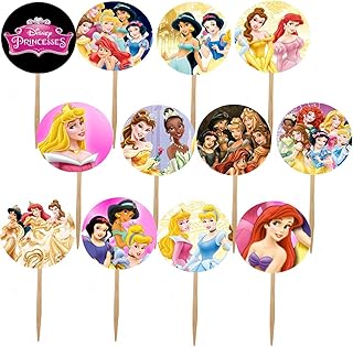 DJz Dealz Princesses Cupcake Picks, 12- Double-Sided Images Cake Topper with Various Princess Such as Cinderella, Ariel, S...