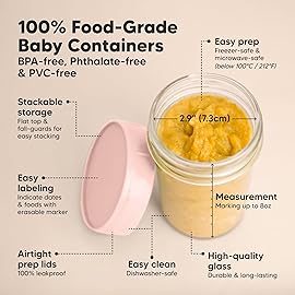 KeaBabies 4pk 8oz Glass Baby Food Containers with Lids - Leak-Proof, Microwavable Small Glass Jars, Baby Purees & Toddler Snack Storage Containers, BPA-Free, Dishwasher & Freezer Safe (Roseate)