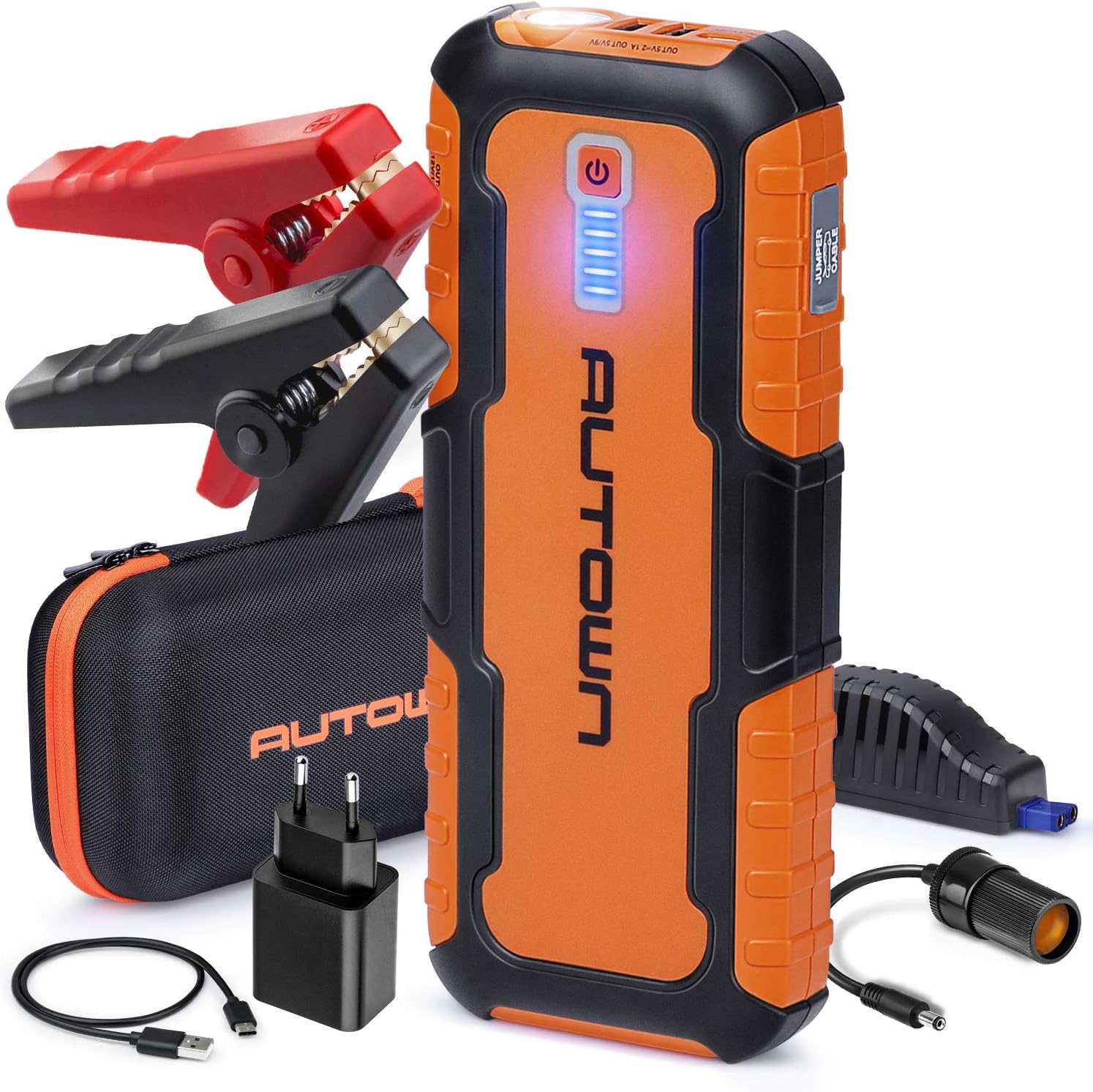 AUTOWN Car Jump Starter - 21000mAh 1000A Peak, 12V Auto Battery Booster with Quick Charge (Up to 8.0L Gas, 6.5L Diesel Engine), Portable Power Pack & Jump Box with Smart Jumper Cables and LED Light