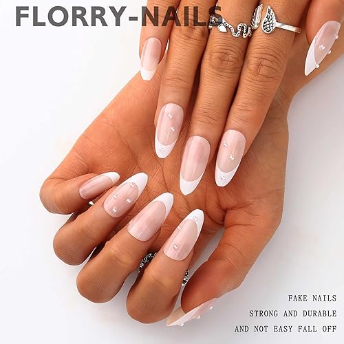 Miniatura 5 de Florry Uñas postizas cortas a presión, uñas francesas de almendra, uñas acrílicas amarillas para mujeres y niñas, 24 unidades (flor)