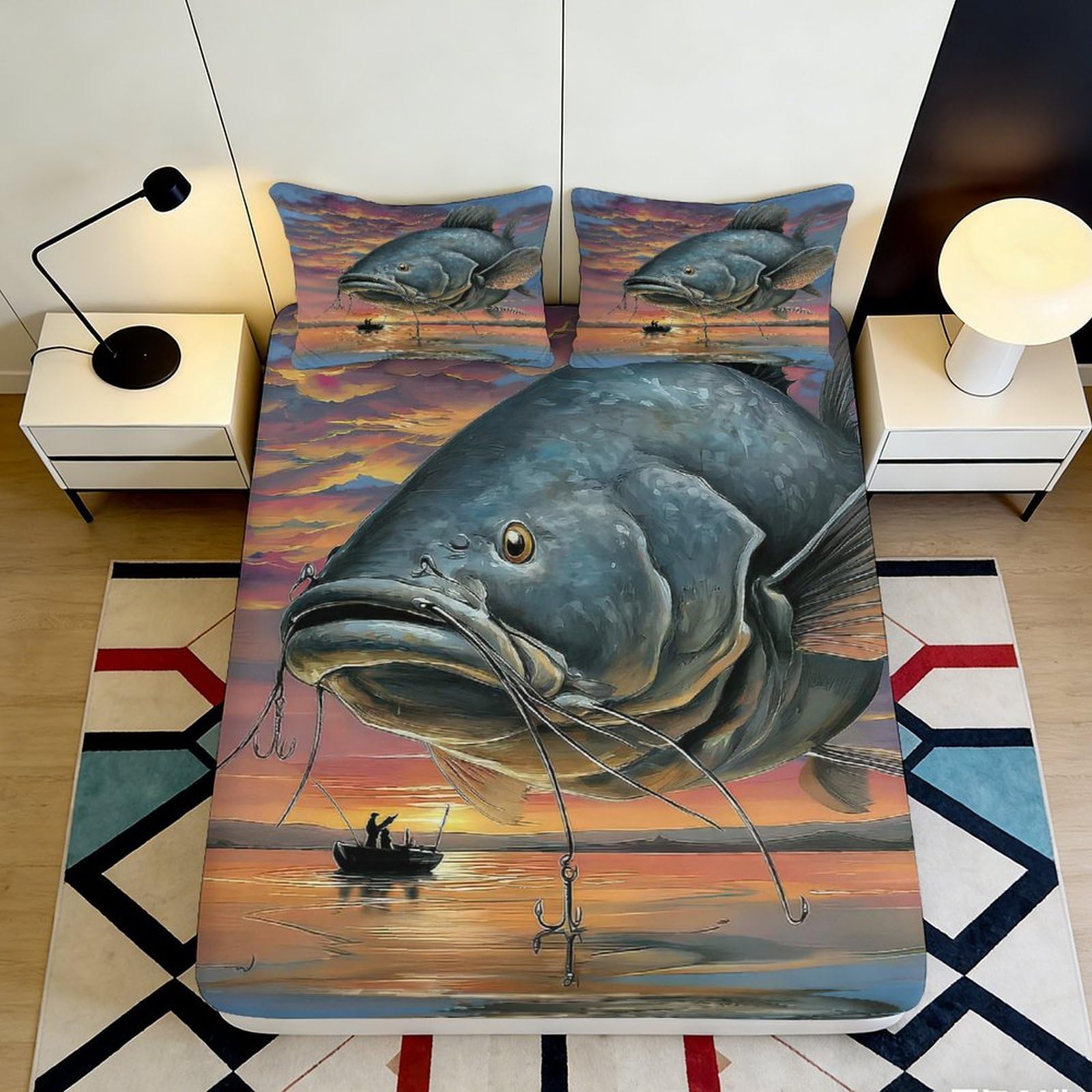 Pnayamiorkfel Style-9 3D Printed Giant Catfish Fitted Sheet Microfiber Sunset Lake Bed Cover For Bedroom Guest Room Mattress Decor 90X200x25cm
