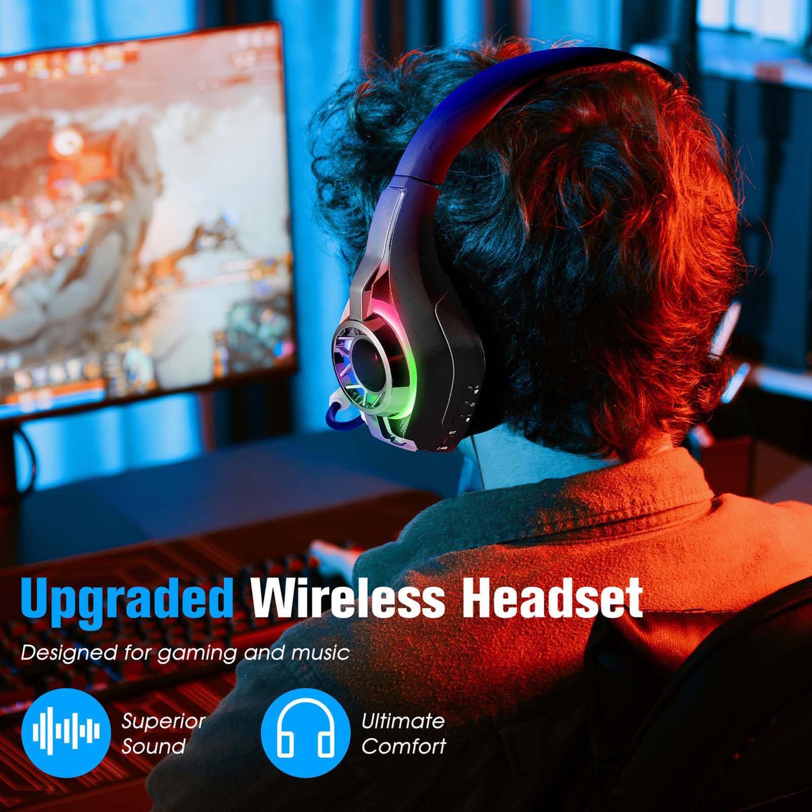 Dpofirs Cuffie da Gioco Wireless, Auricolari over Ear RGB, Audio Surround 7.1, Microfono con Cancellazione del Rumore, Bassa Latenza for PC Portatile (BLACK)
