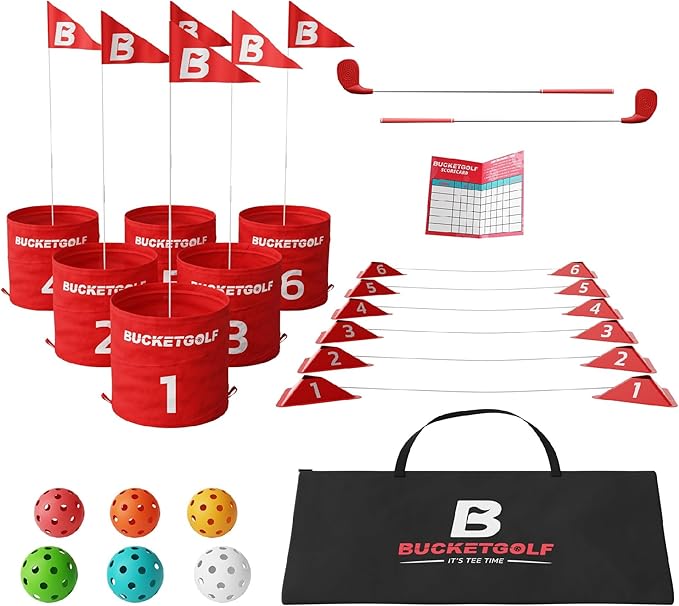 bucketgolf Game 6 Hole Bundle with Clubs - The Best Backyard Golf Game for All Ages and Levels Adults, Kids, Families, Schools, Yards, Parks, Beaches, Vacation. (2 Clubs (1RH + 1 LH))