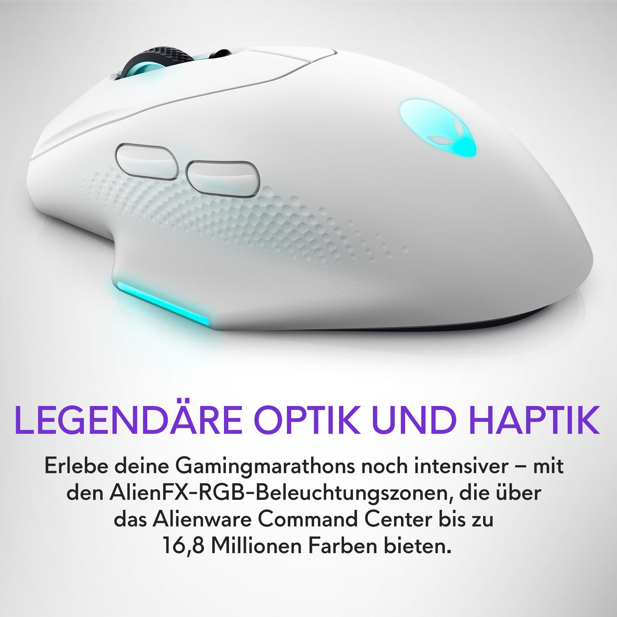 Alienware Gaming Mouse AW620M, 1 x USB Type A, 140 Stunden Akkulaufzeit | 26000 dpi, 1000 Hz Pollingrate, 7 programmierbare Tasten, 16,8 Mio. AlienFX-Beleuchtung, 99 g, 7,78 × 13,15 × 4,15 cm