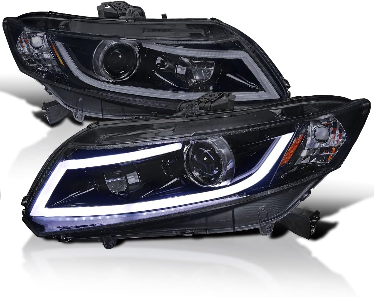 Glossy Black Smoke Projector Headlights W/LED Light Bar Compatible with 2012-2013 Honda Civic Coupe, 2012-2015 Honda Civic Sedan, Left + Right Pair Headlamps Assembly