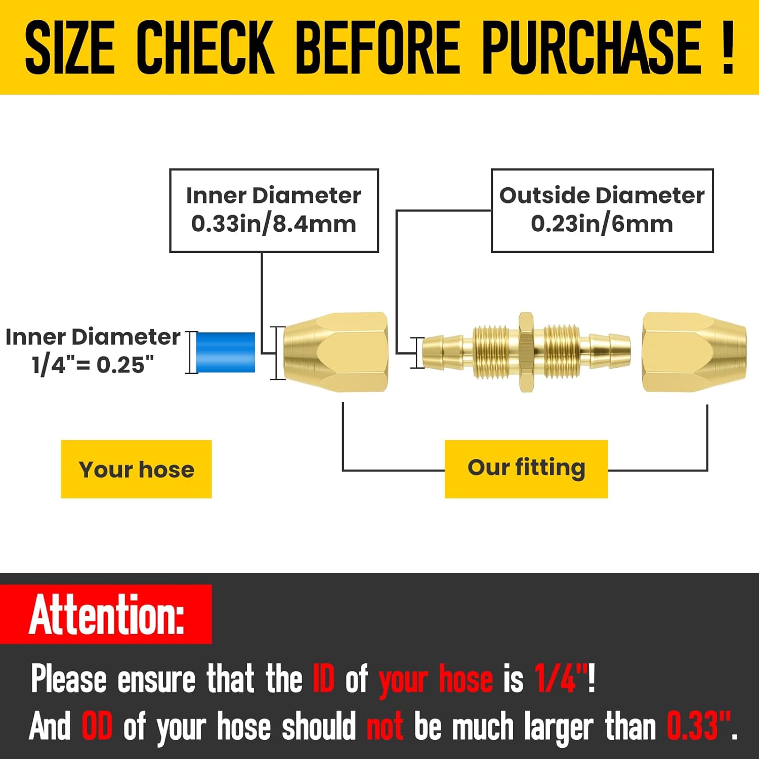 3Pcs 1/4'' ID Soild Brass Air Hose Splicer with Sealing Tape | Reusable Barbed Air Hose Repair Fitting | For 1/4" ID PU/PVC Hoses