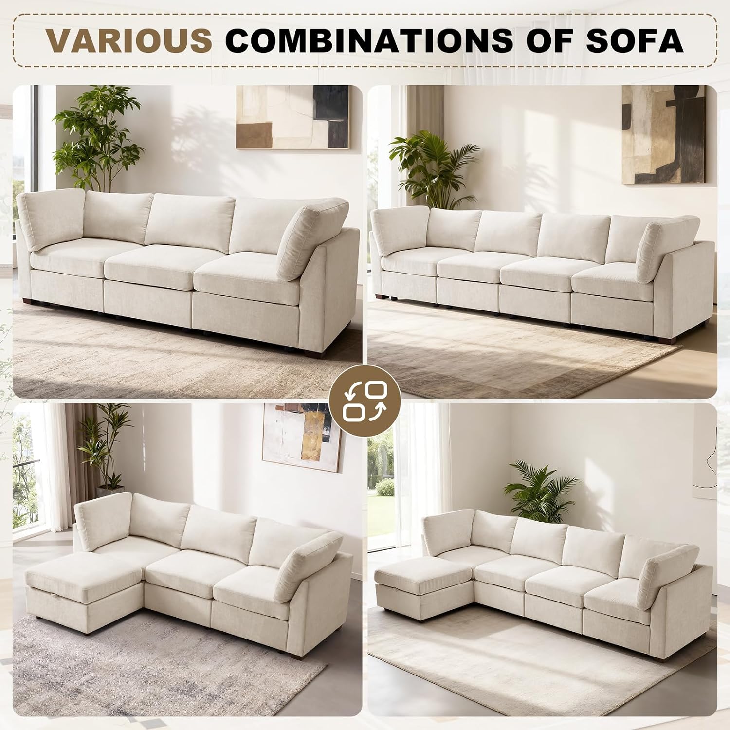 EDILLY 94" Oversized Modular Sectional Sofa Set L-Shaped Couch Reversible Chaise Beige