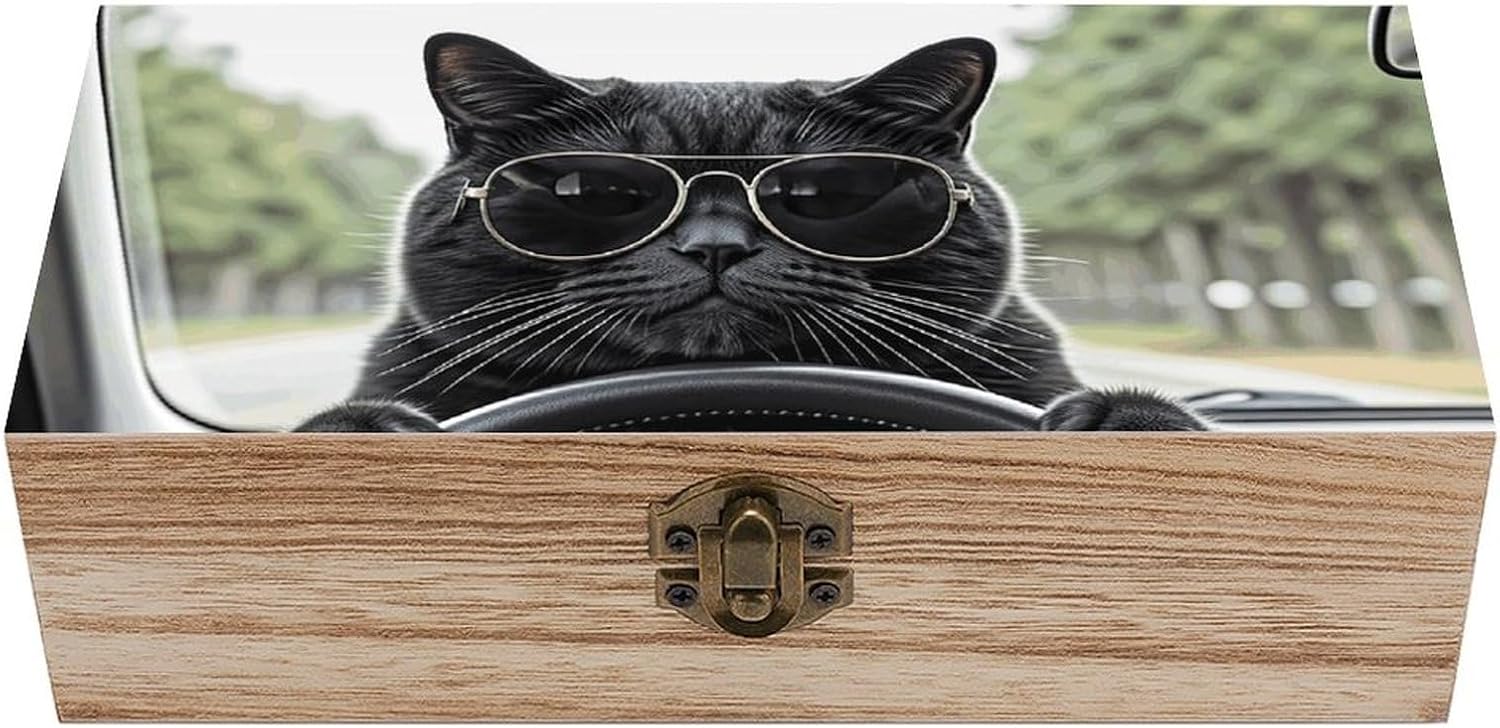 Cat Driving Car Wooden Storage Box Decorative Wood Organizer with Hinged Lid Large Memory Container Box Rectangular Jewelry Keepsake Storage Gift for Men Women