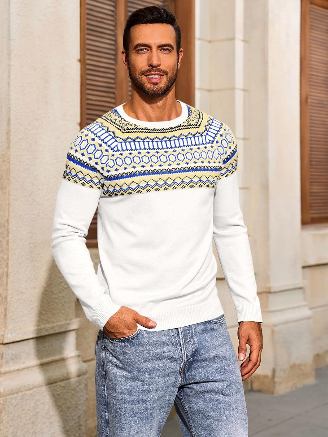 Runcati Mens Crew Neck Sweater Casual Fair Isle Knit Pullover Long Sleeve Fall Winter Chunky Sweaters - Image 3