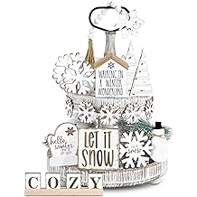 19 件冬季分层托盘装饰雪花木质乡村装饰分层标志桌中心件,不带托盘,适用于桌面架子冬季圣诞节家庭聚会礼物（乡村）