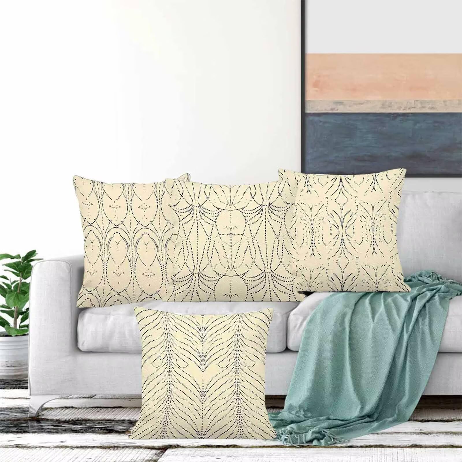 Bande Housse de Coussin 65x65CM Lot de 4, Housse Coussin Beige Taies d'Oreillers Double Face Impression Doux et Moelleux Taie Oreiller avec Fermeture Éclair Invisible pour Salon Chambre Lit -lsy2504PZ