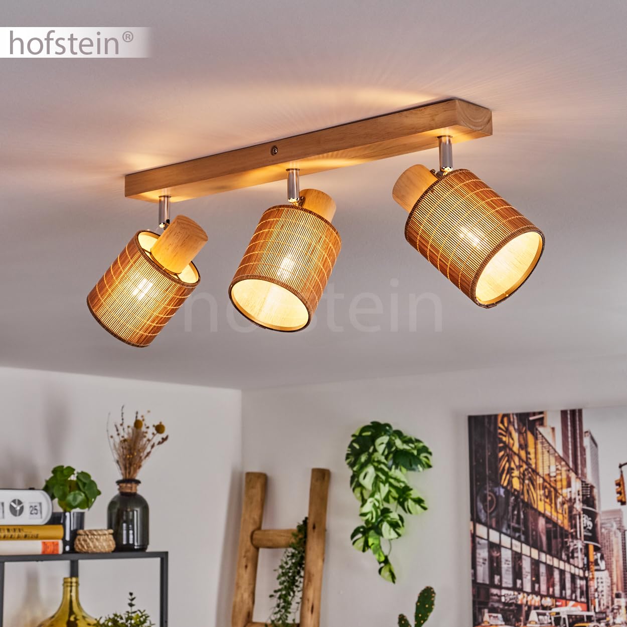 Lampada da soffitto Kinnared, lampada moderna in legno/metallo/bambù nei colori naturali/cromati/marrone, a 3 luci design scandinavo con faretti regolabili, x E14, senza lampadine