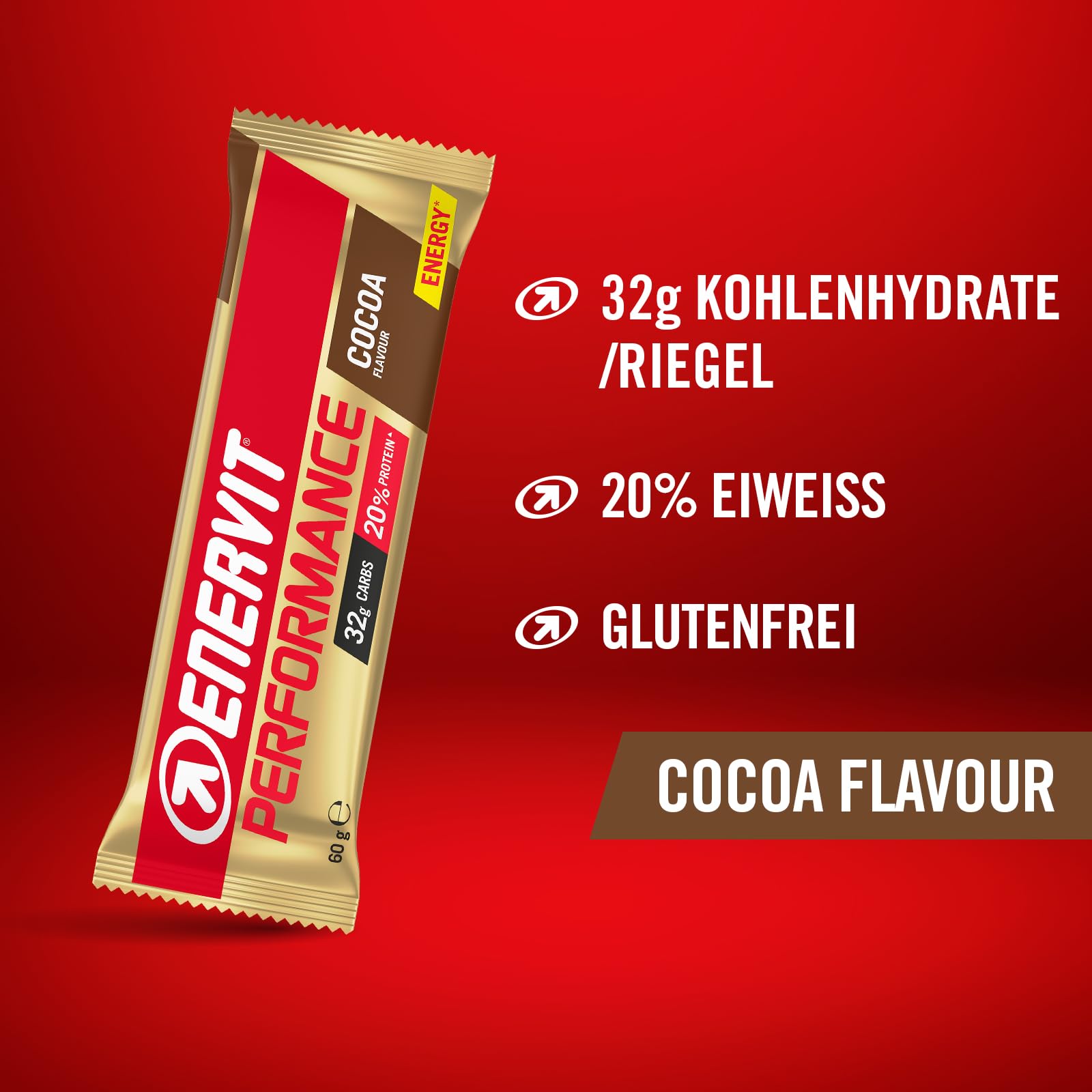 Enervit Performance Bar Cocoa – Energieriegel, 32 g Kohlenhydrate, 20% Protein, Kakaogeschmack, für langanhaltende Ausdaueraktivitäten, Glutenfrei, 12 Riegel à 60 g