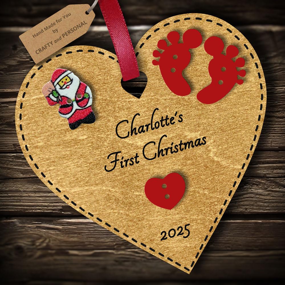 Multi-Colour Personalised Baby's First 1st Christmas Bauble tree decoration wooden heart hanging ornament keepsake gift for boy or girl (Gold #2)