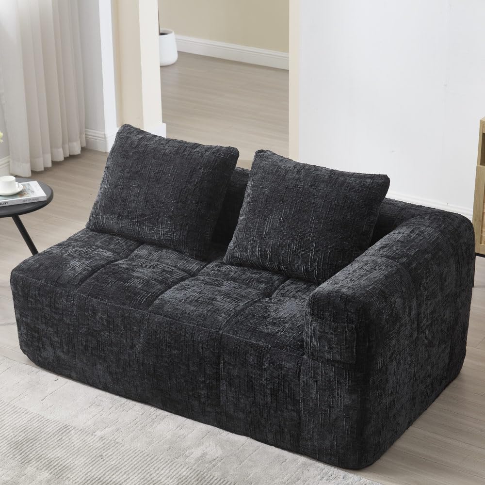 Sapgaks Canapé convertible de 1 à 3 places, canapé modulaire, canapé d'angle modulaire, avec poches latérales, en chenille, avec méridienne et accoudoirs, coussin d'assise inclus (noir + chenille + 2