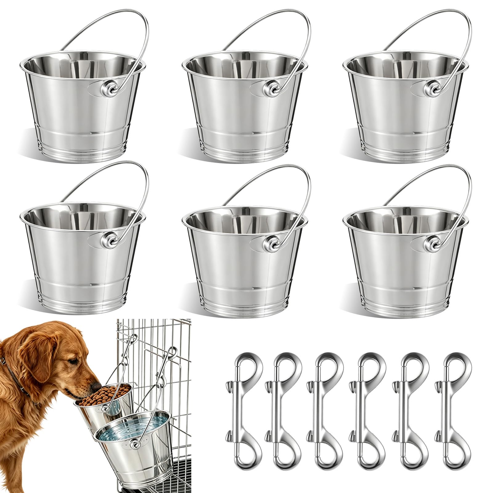 8 Set Stainless Steel Dog Water Bucket with Double Ended Snaps,1 Quart Metal Bucket for Dogs Cats Kennels Cages Fences