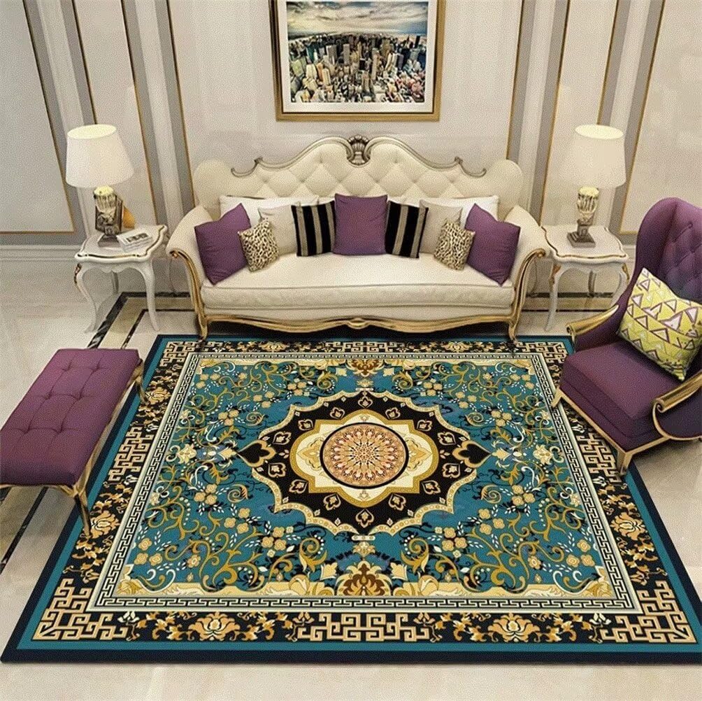 Tapis de salon lavable à motif floral vintage bleu et vert 160x210 cm