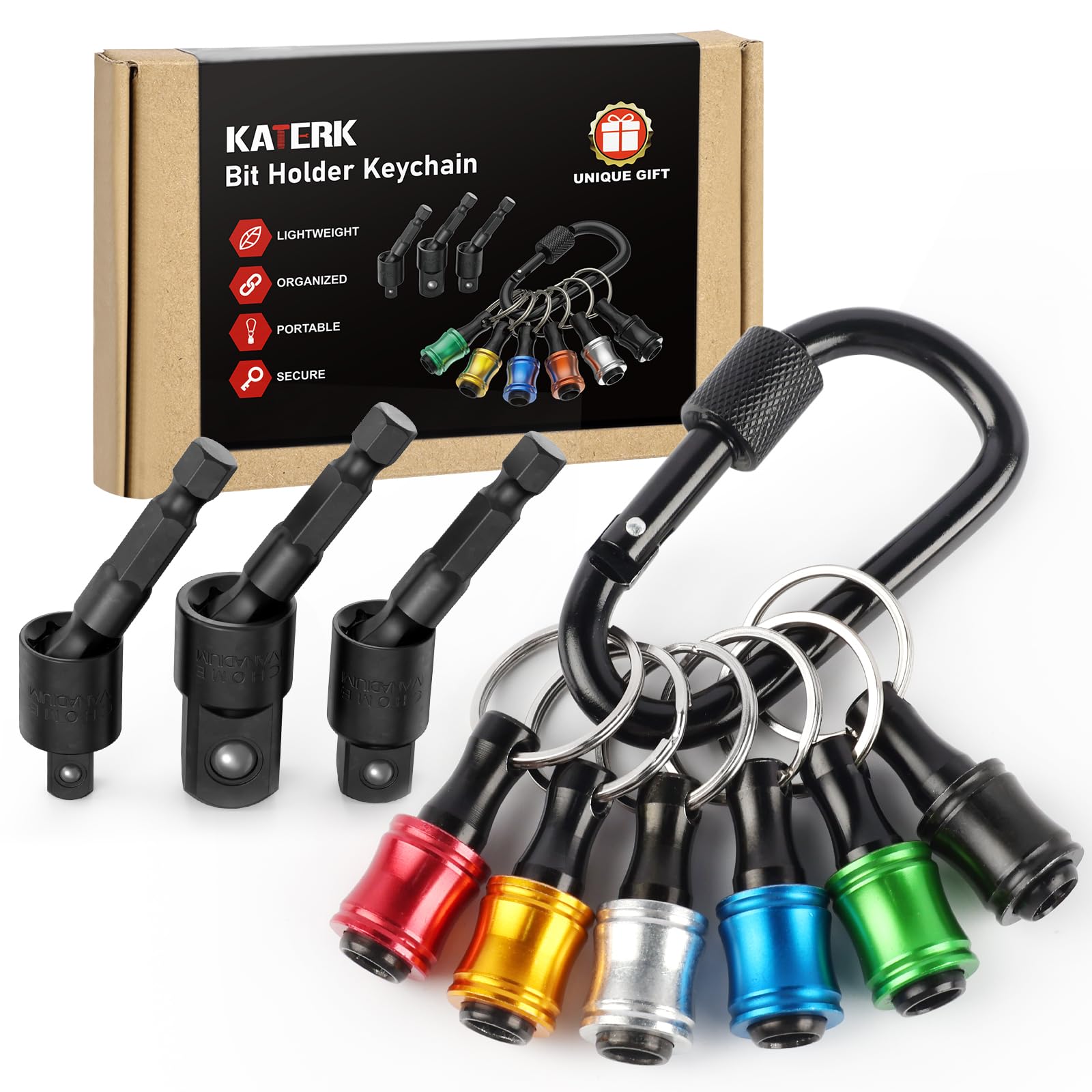 Drill Socket Adapter, Katerk Impact Drill Adapter, 360° Rotatable Impact Driver Adapter, Sizes 1/4" 3/8" 1/2", Cr-V, 6Pcs Screwdriver Drill Bit Holders Keychain, 1/4 Drill Bit Holder