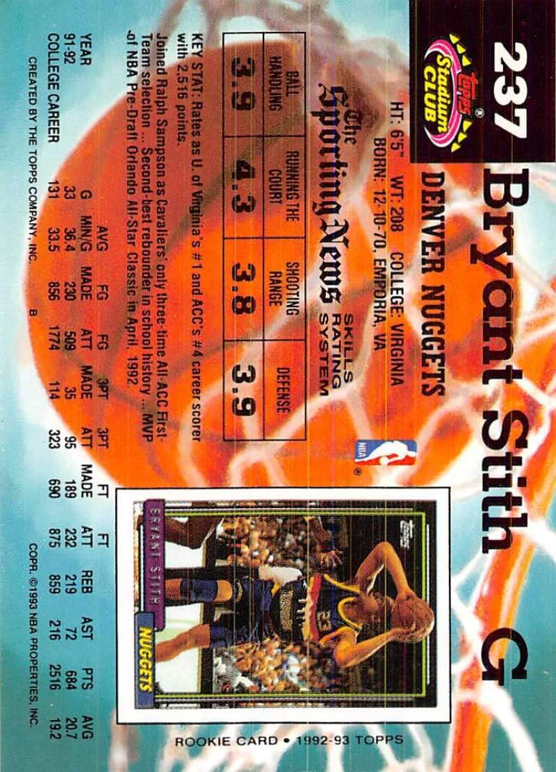 Amazon.com: Basketball NBA 1992-93 Stadium Club #237 Bryant Stith