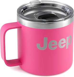 Jeep Stainless Steel Camper Mug 14oz with FREE Sticker Pack - Double Wall Copper Insulated for Hot & Cold Drinks, Powder Coated, Splash Resistant Lid (Pink)