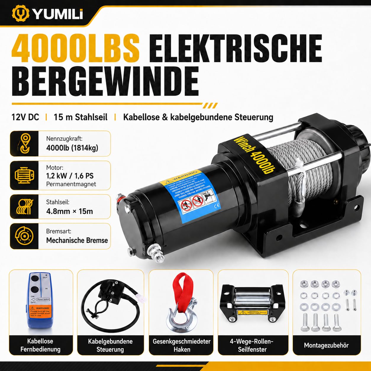 Elektrische Seilwinde 12V, 4000 LBS/ 1818 Kg Motorwinde Seilzug, 4.8mm x 15m Stahlseil Elektrowinde Winde, Wasserdicht nach IP67 mit Fernbedienung, für UTV, ATV, Bootstrailer, Offroad-Bergung