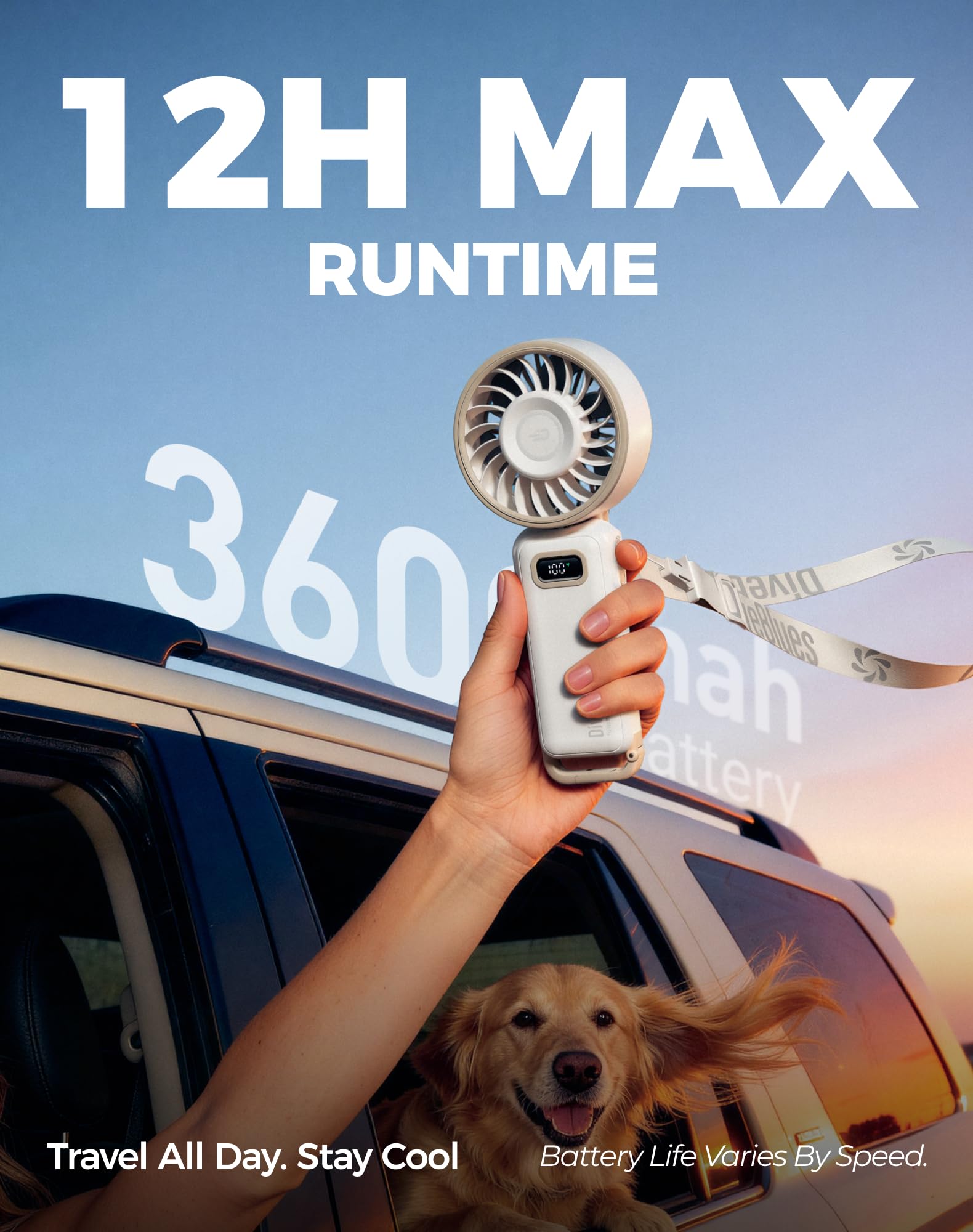 Diveblues Turbo Portable Fan, 3X Powerful Airflow, 1-100 Speed, 4-in-1 Handheld Fan Mini Fan with Carabiner Clip, Up to 12H Cooling for Travel, Gifts for Women, Travel Essentials, Airplane Gadgets - 4