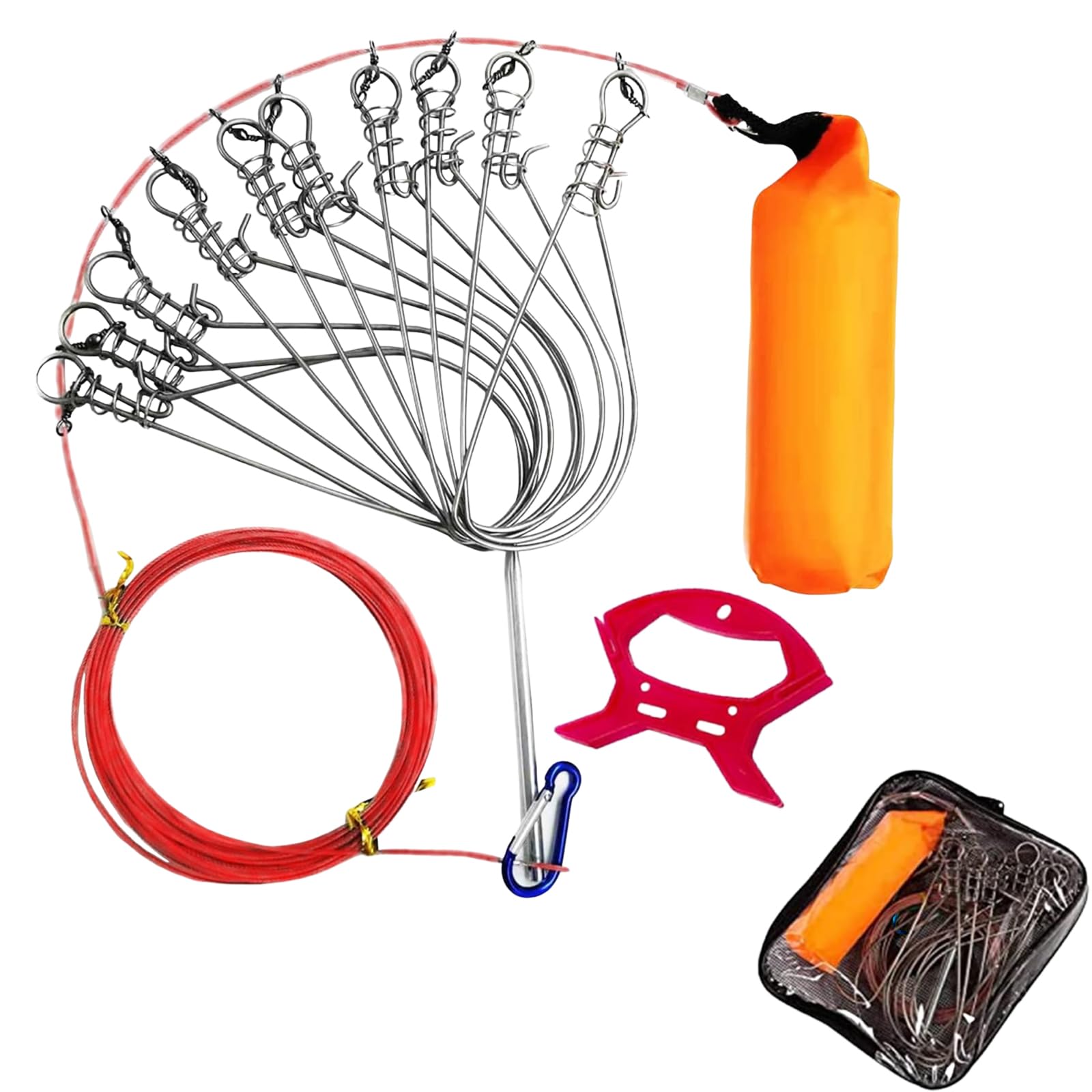 LIKENNY Float Stringer Fishing Tackle Spring Loaded Hook Wire Fishing Lock Buckle Fishing Supplies Freshness Retention Fish Grip Boat Fishing Saltwater Storage Bag Included 10 Hooks