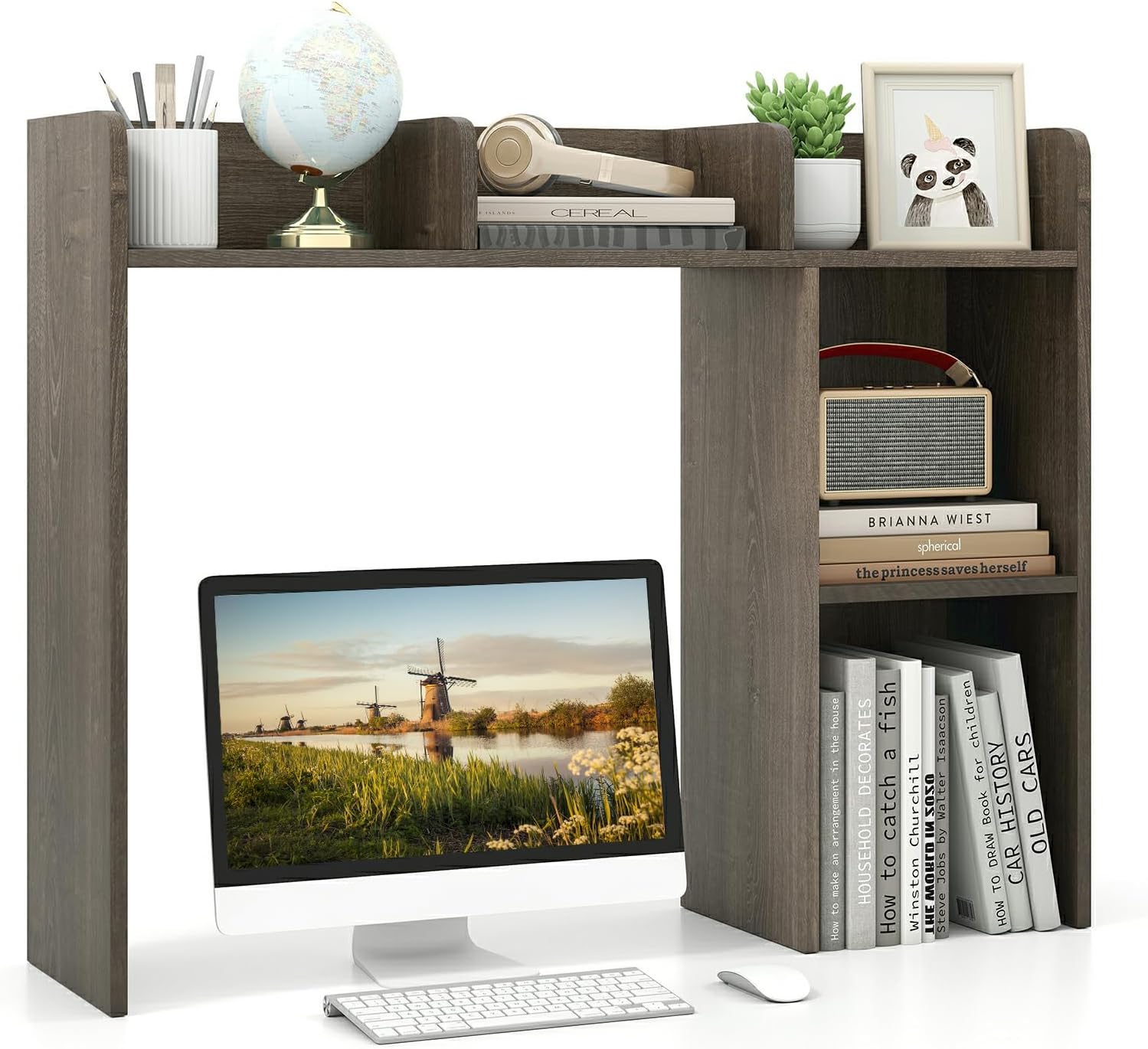 MAT EXPERT Desk Organizer, Wooden Desktop Shelf for 27 Inch Monitor with 5 Shelves & Non-Slip Foot Pads, Anti-Tipping Device, Multipurpose Desk Hutch for Study, Office, Dorm (Grey)