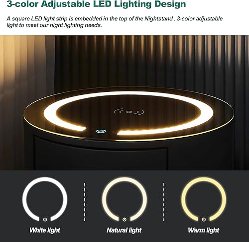 Miniatura 5 de CLIPOP Moderna mesita de noche con 3 cajones, mesitas de noche inteligentes con estación de carga inalámbrica, luz LED ajustable, mesa de noche con