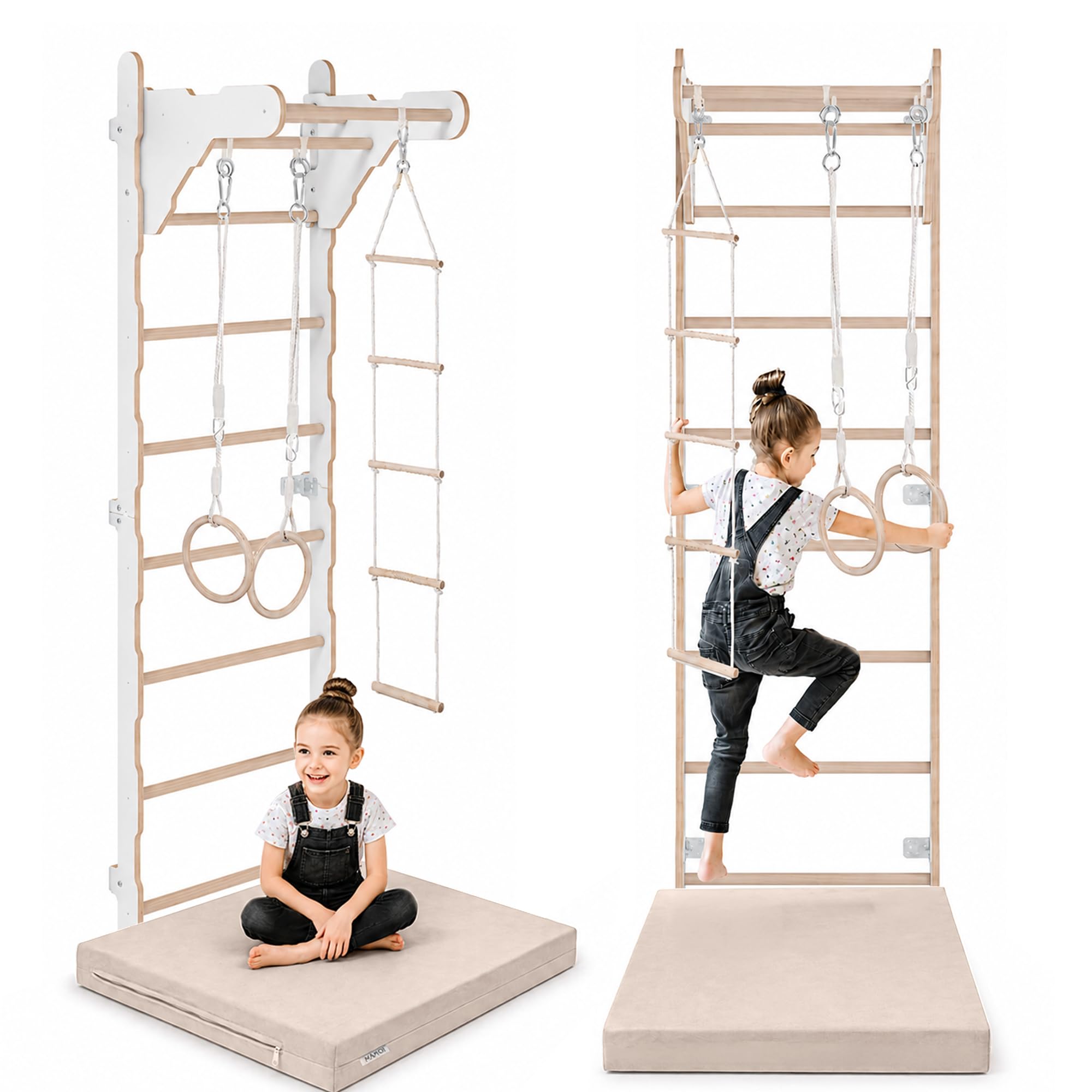 MAMOI Gymnastik-Sprossenwand für Kinder (210 cm) | Wandmontierte Trainingsleiter | Strickleiter für Kinder |Holz-Spielplatz für Zuhause | Turnringe | 100% Öko | Hergestellt in der EU