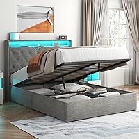 Vista 14 de Loomie Marco de Cama con Elevación Completa con Estación de Carga y Luces LED, Cama Tapizada con Cabecera de Almacenamiento Wingback con Botones