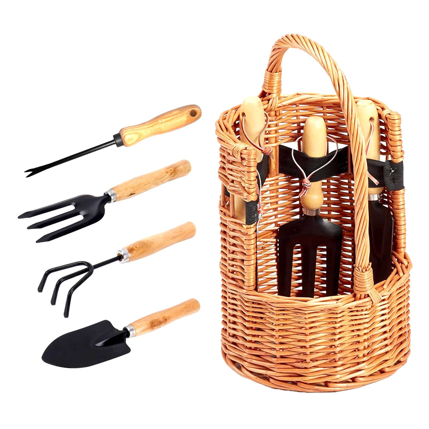 Avilia Cesto con Attrezzi per Giardinaggio - Set Completo con Rastrello e Palette, Ideale per la Cura del Giardino, 22x22x35 cm