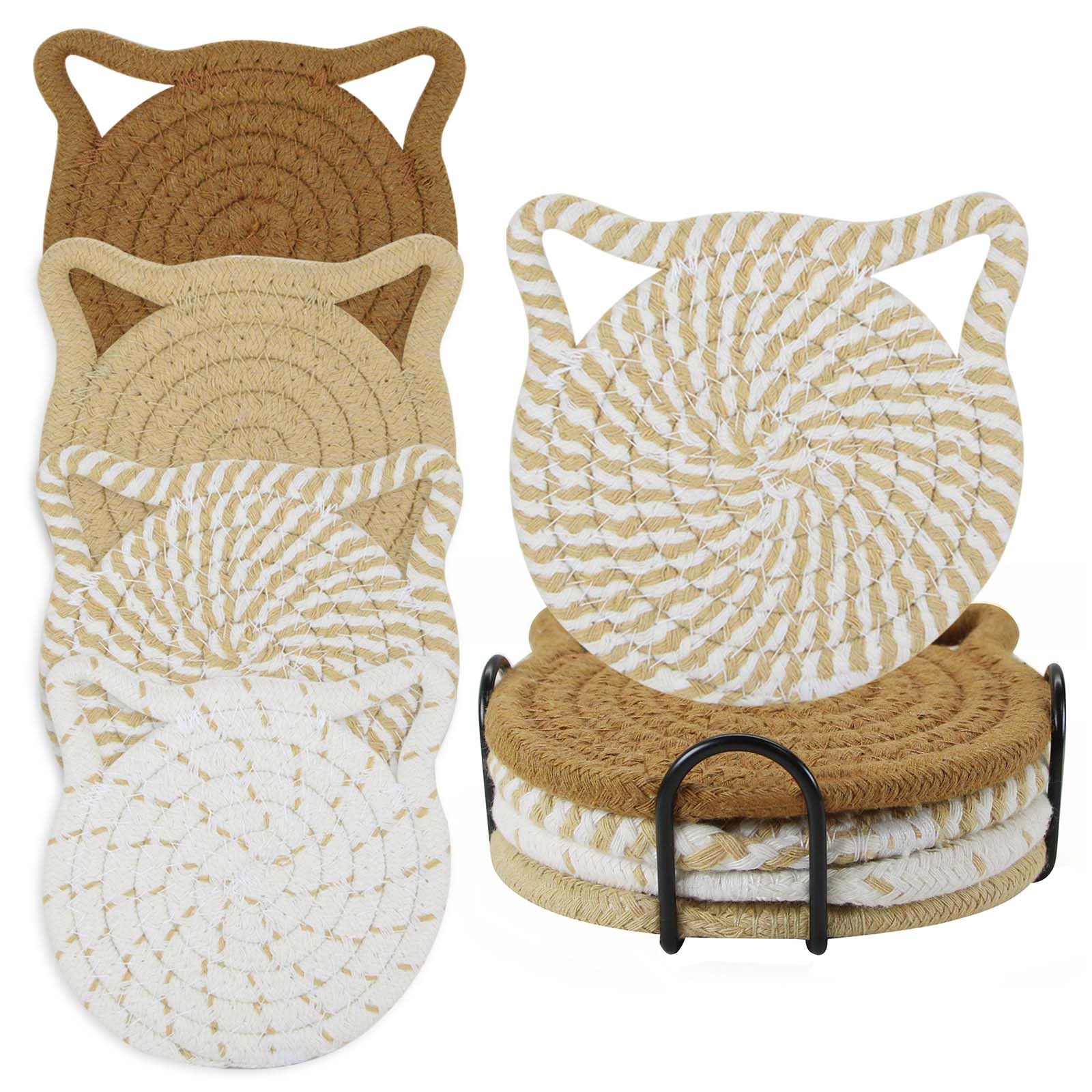 Cotton Woven Drink Coasters Set of 4 for Kinds of Cups | Absorbent Cat Ear Shape Cup Coasters with Holder for Tabletop Protection Home Office Decor
