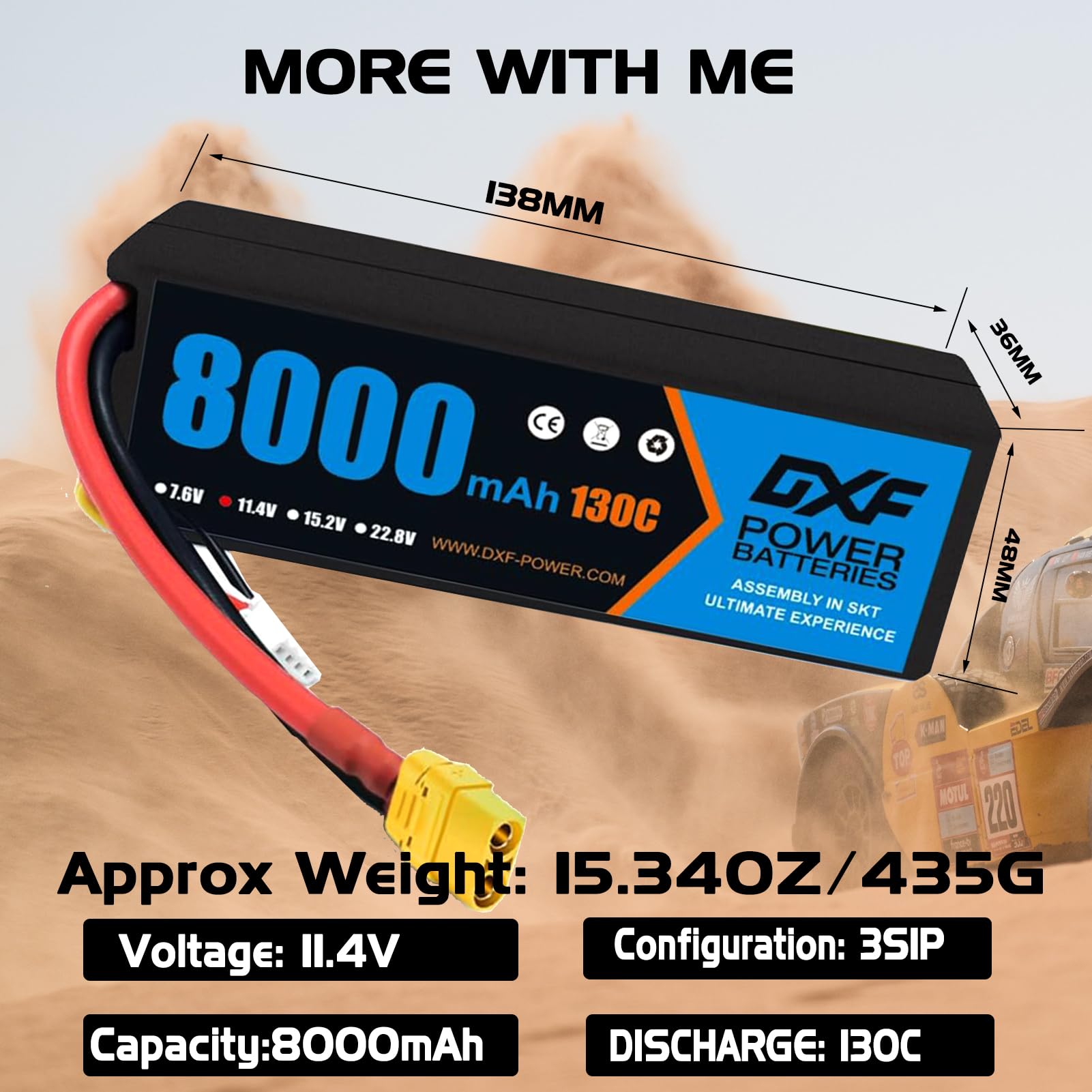DXF Batería LiPo 3S 11.1V 6200mAh 80C Conector EC5 para Coches RC 1/8 1/10, Paquete Recargable Alta Descarga, Buggy Truggy Monster Truck, Segura Duradera Competición Hobby Radiocontrol Potencia