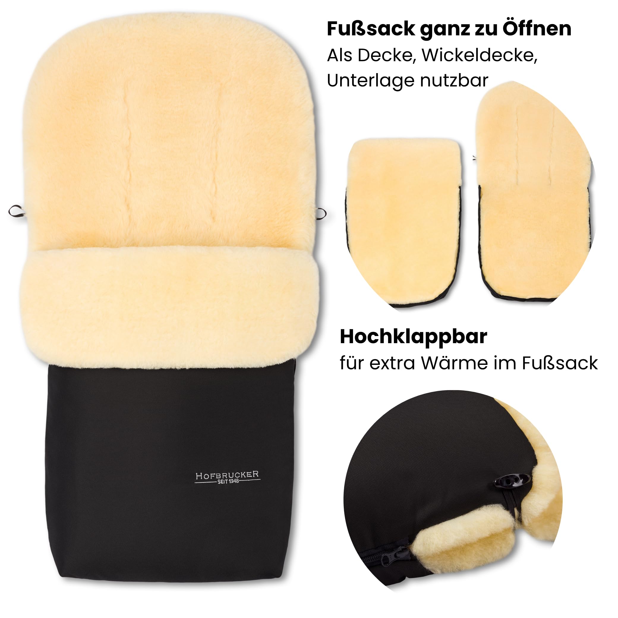 HOFBRUCKER Putzi Lammfell-Fußsack für Kinderwagen 90x34 cm wind- und wasserabweisend abnehmbar Made in Germany