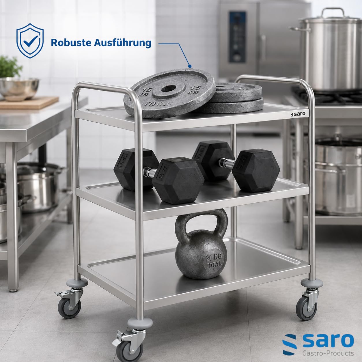 Saro Transportwagen/Servierwagen mit 3 Borde – Edelstahl – Traglast 80 kg – 4 Rollen (2 mit Bremse) – 86×54×94 cm – Für Gastronomie & Service – Modell Bastian