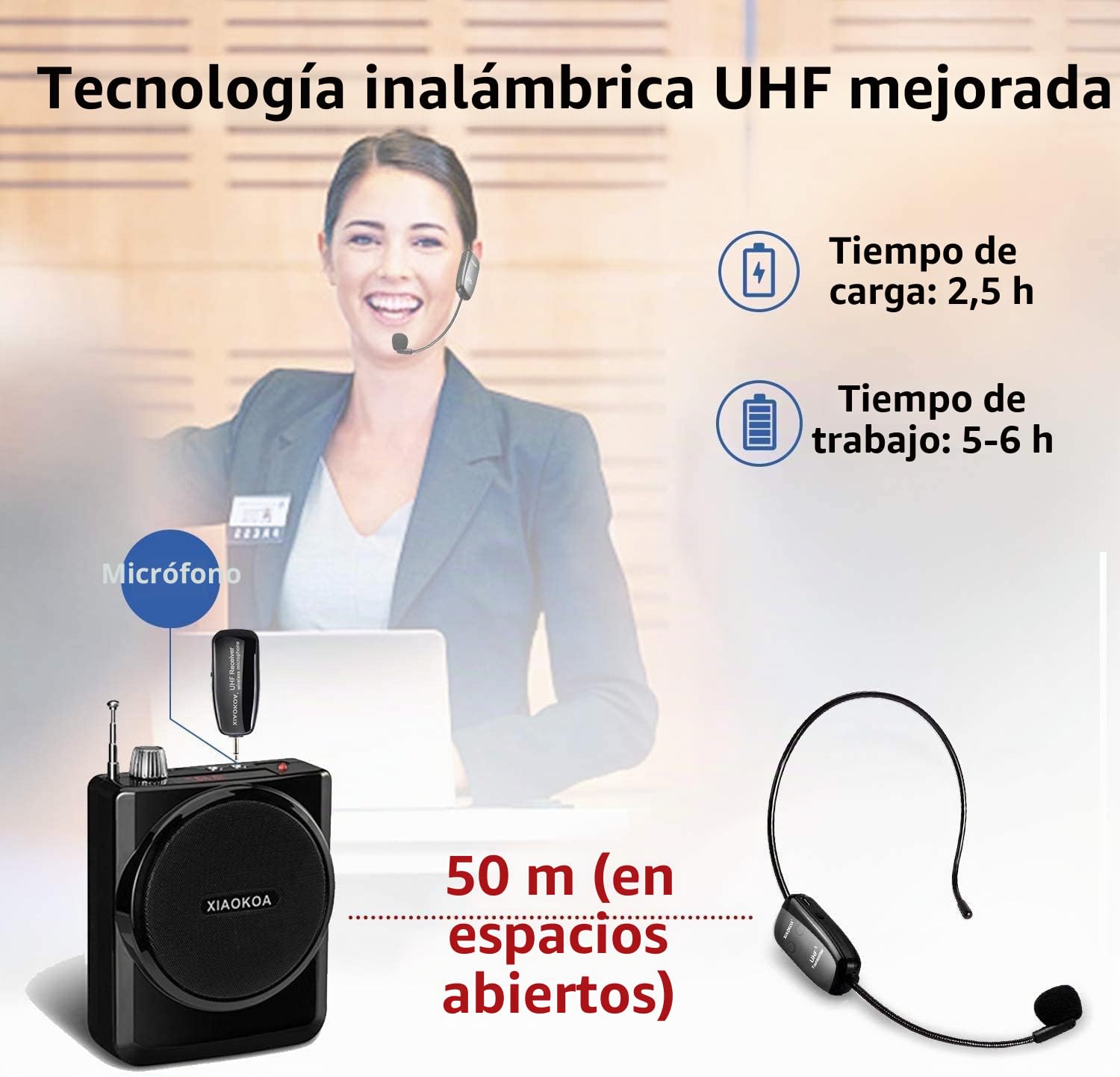 Wireless Micrófono,UHF Micrófono Inalámbrico,Transmisión Inalámbrica de 50 m,para Guía Turística/Enseñanza/Promoción/Discurso