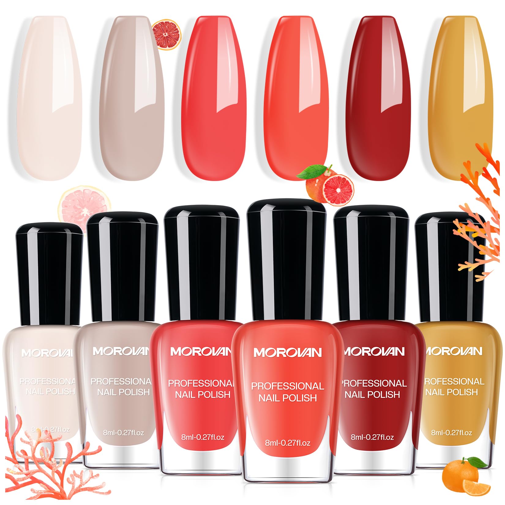 Morovan Coral Nail Polish Set: Grapefruit Maple Leaf Yellow Nude Orange Pink Red Peach Peachy Nail Polish Bulk Quick Air Dry Mini Toe Pack DIY Art