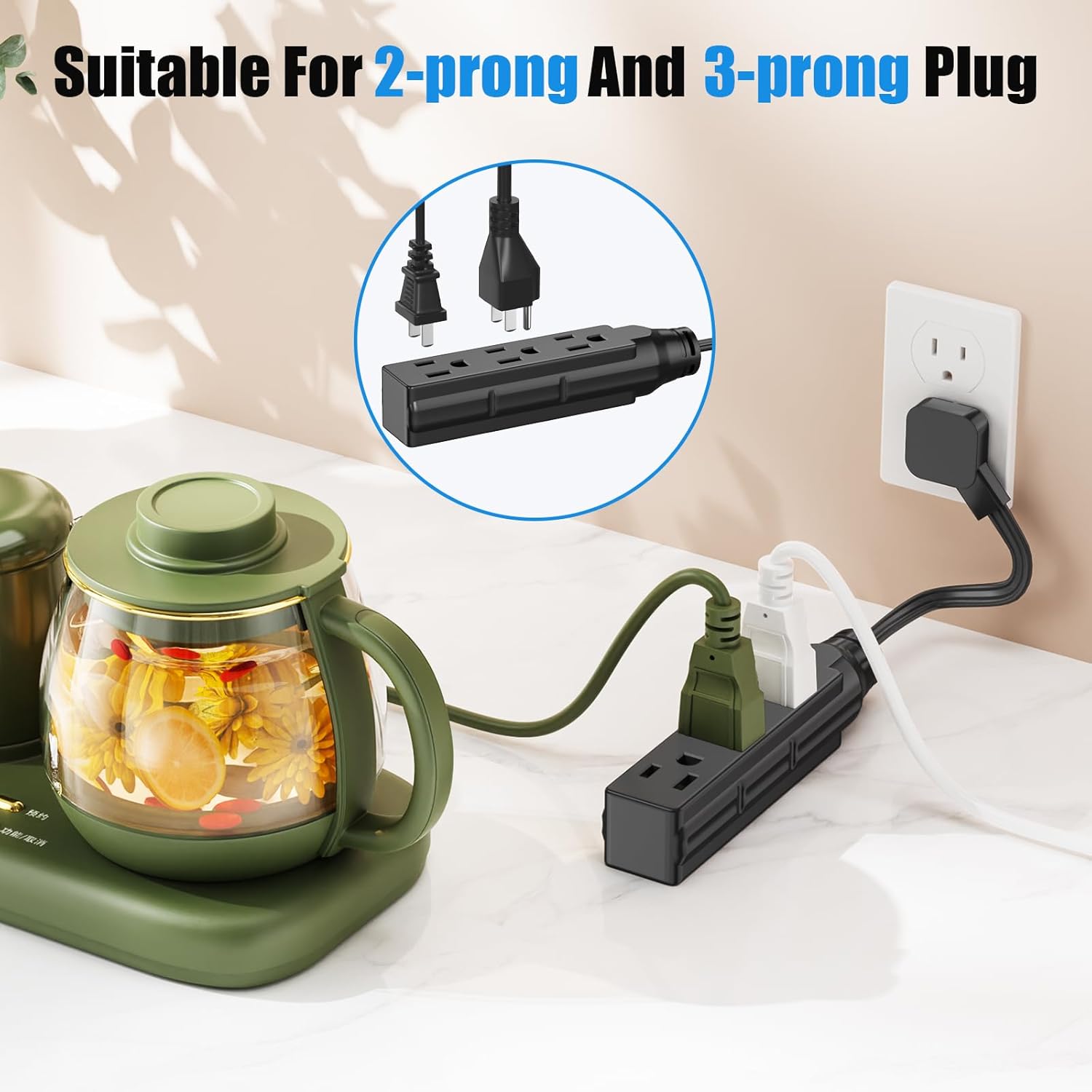 1 FT Short Power Extension Cord, HITRENDS 3 Outlet Extension Cord, 3 Prong Grounded Wire, SJT 16 AWG Flexible Power Cord, 15 Amp, 125V, 1875 Watts, Black - 2 Pack