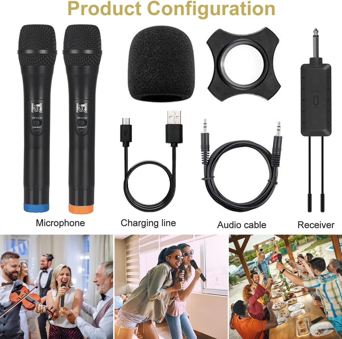 Wireless Microphone, ALPOWL UHF Dual Cordless Dynamic Mic System,Handheld Karaoke Microphone with Rechargeable Receiver(Auto Connect,160 ft Range) for Singing, Church, Speech, Wedding, Party