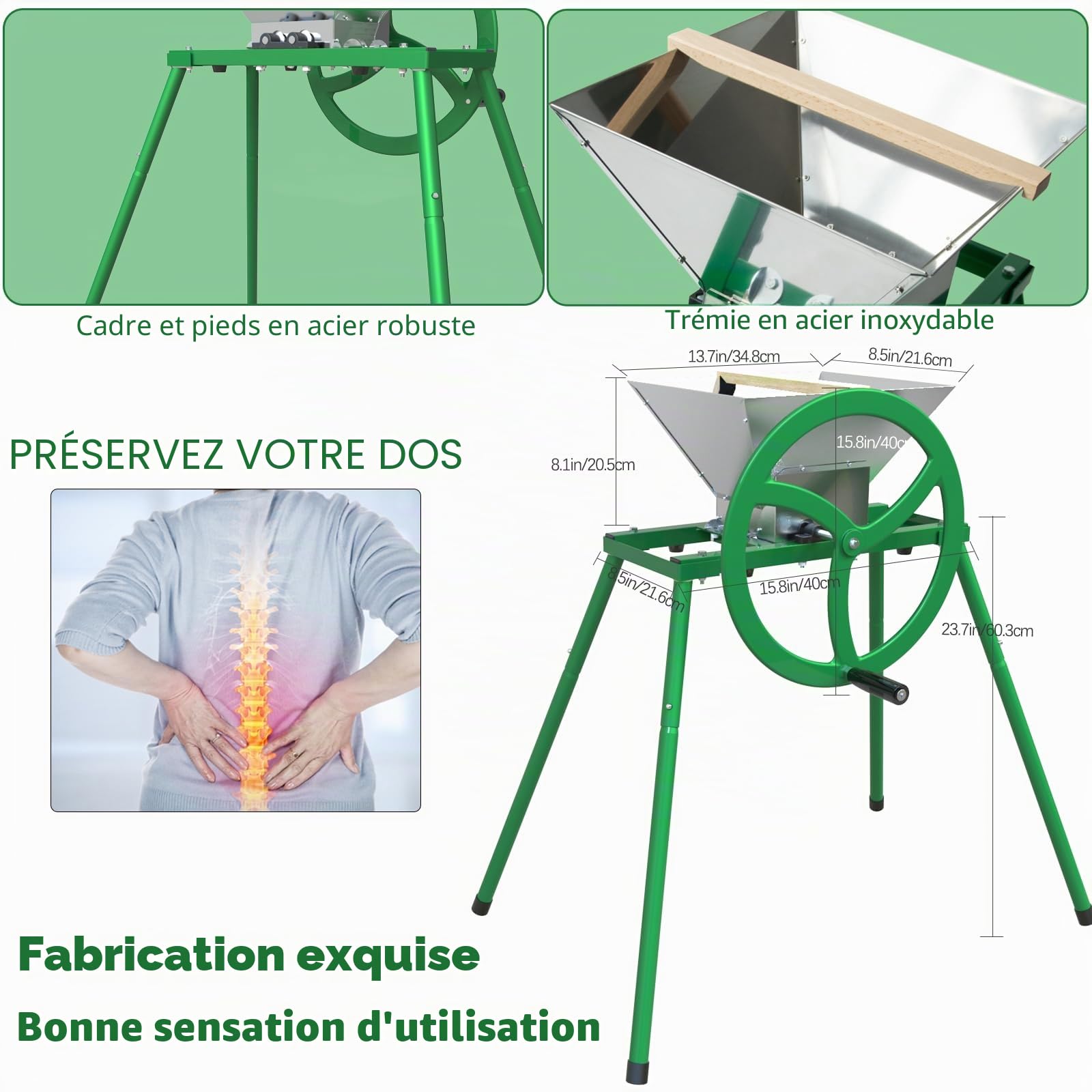 Broyeur de fruits et pommes avec volant d'inertie et support – Moulin à jus manuel en acier inoxydable de 7 L, broyeur à fruits pour pressage du vin et du cidre