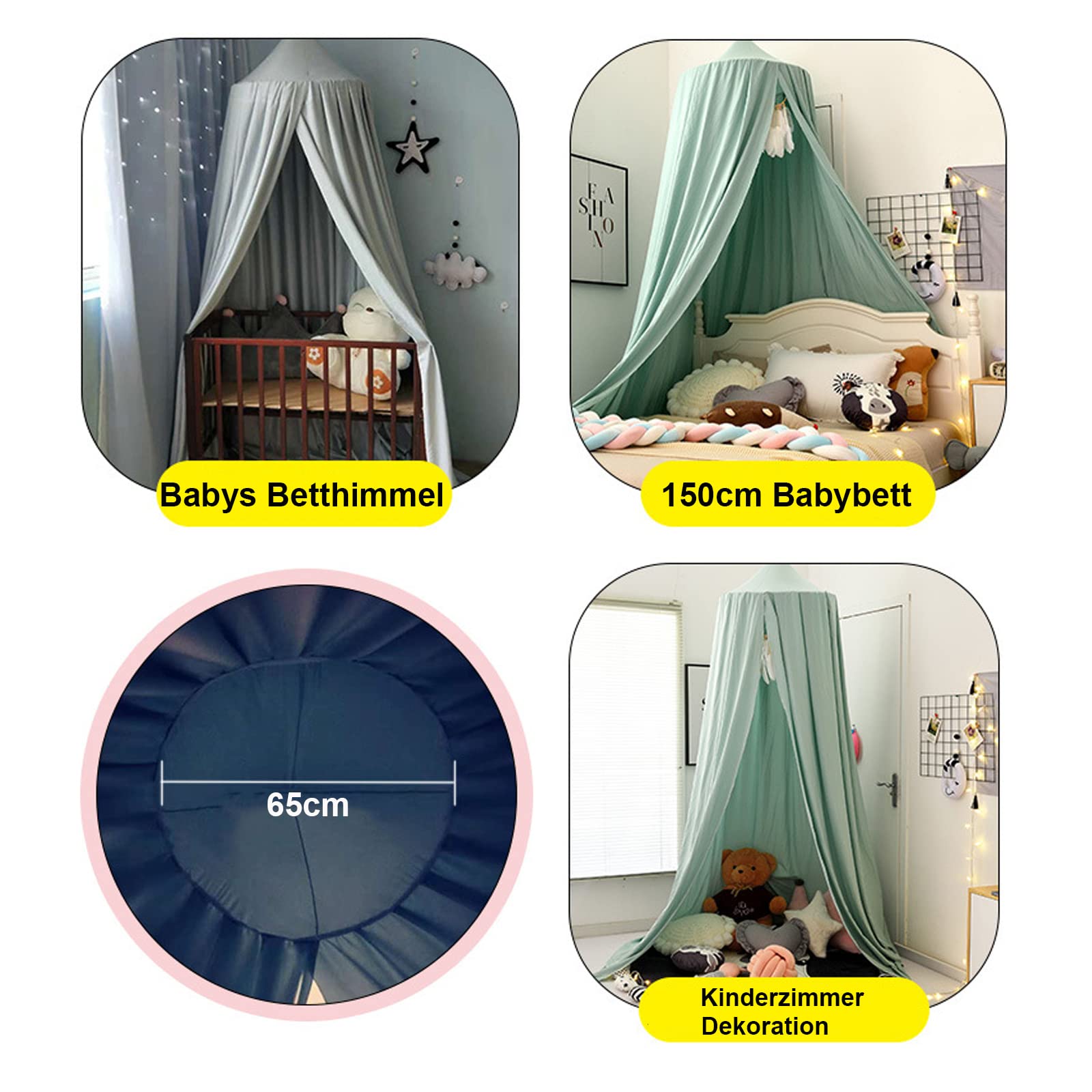 Betthimmel Babybett Kinder Babys Baldachin Betthimmel Baumwolle Hängende Rund Moskitonetz für Kinderzimmer und Spielzimmer Dekoration, Höhe 250cm (Grün)