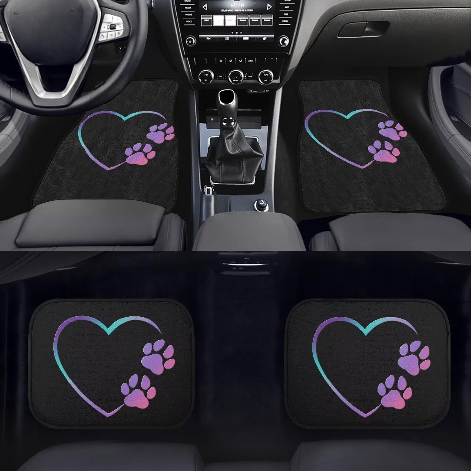 Biyejit Love Dog Paw Waterproof Universal Fit Car Floor Mats, Car Carpet Mats, Black Car Mats with Anti-Slip Backing & Driver Heel Pad Fit for SUV, Vans, Sedans, Trucks, Set of 4pcs