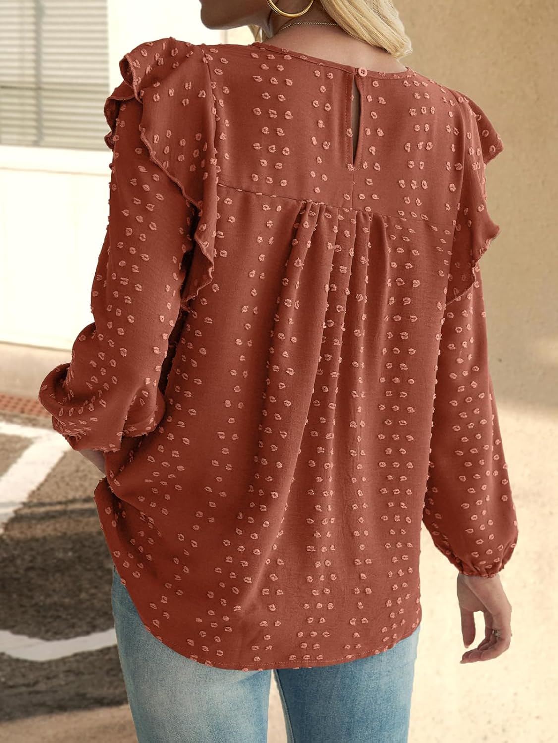 SKVON Womens Boho Tops Long Sleeve Ruffle Peasant Swiss Dot Flowy Blouses Tunic Dressy Casual Crochet Loose Fit Shirts 2025 - Image 5